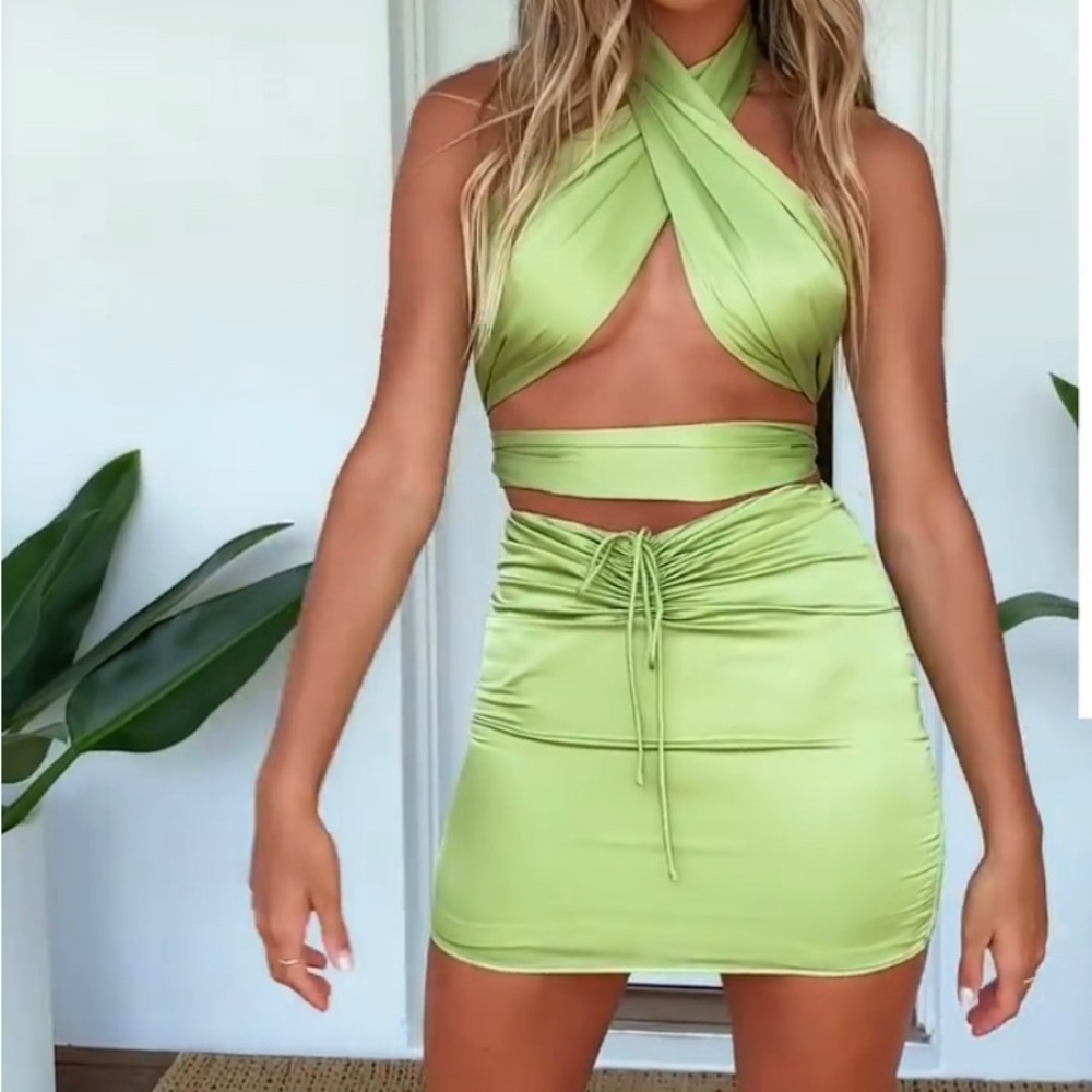 Green Satin Scarf Wrap Top